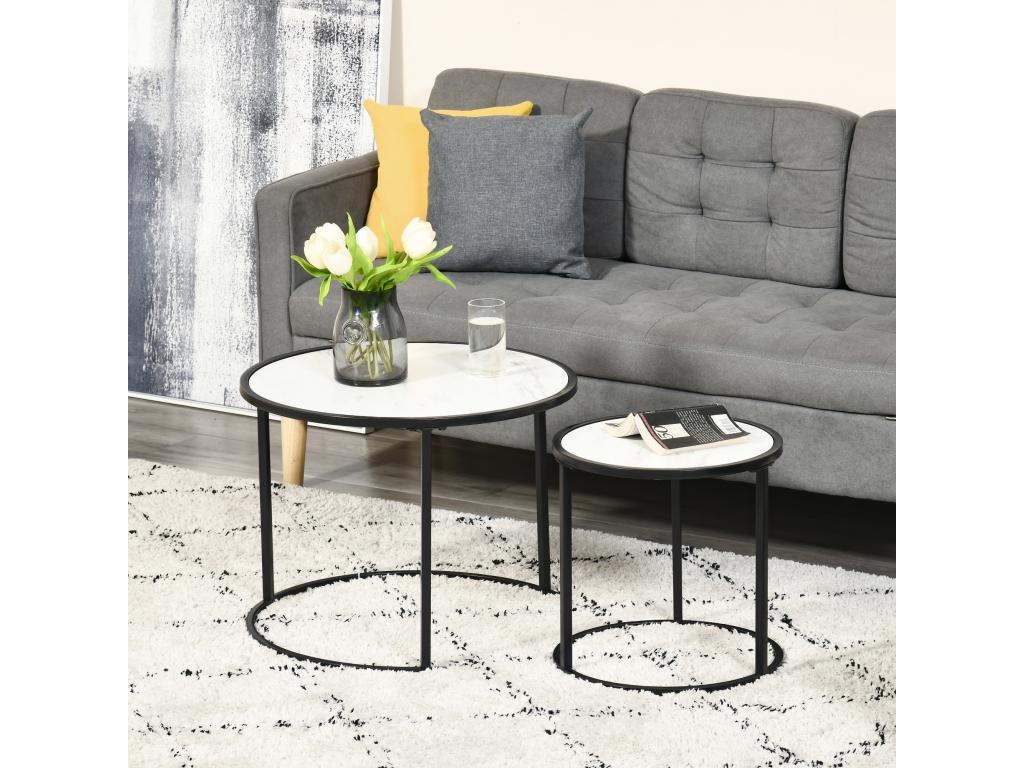 Set of 2 round nesting coffee tables, stackable, black metal with white marble effect MRCW92873