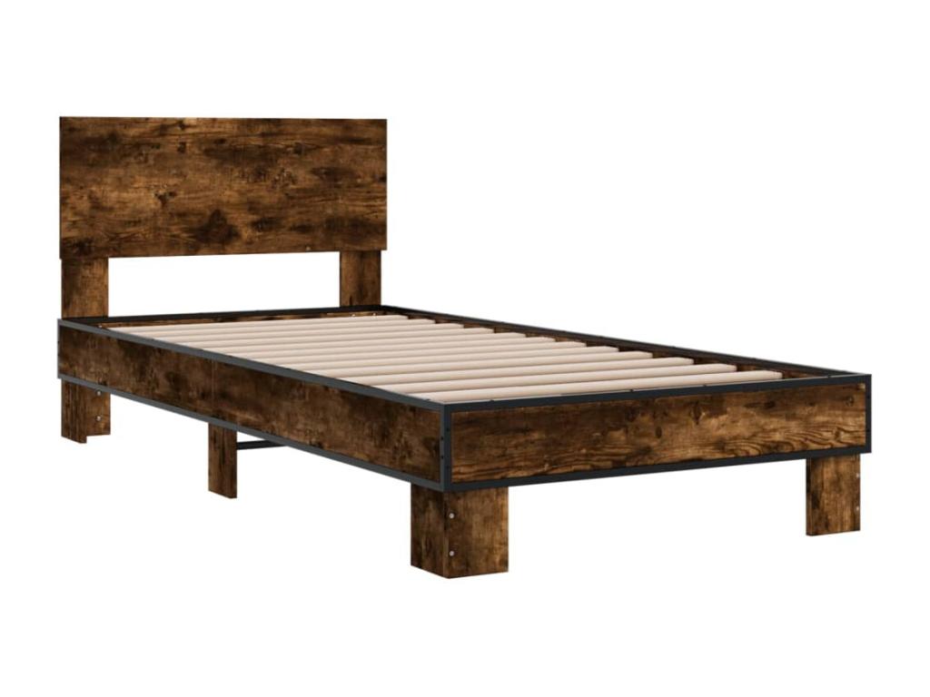 Smoked oak bed frame 75x190 Engineered mobenze and metal CNWJ30165