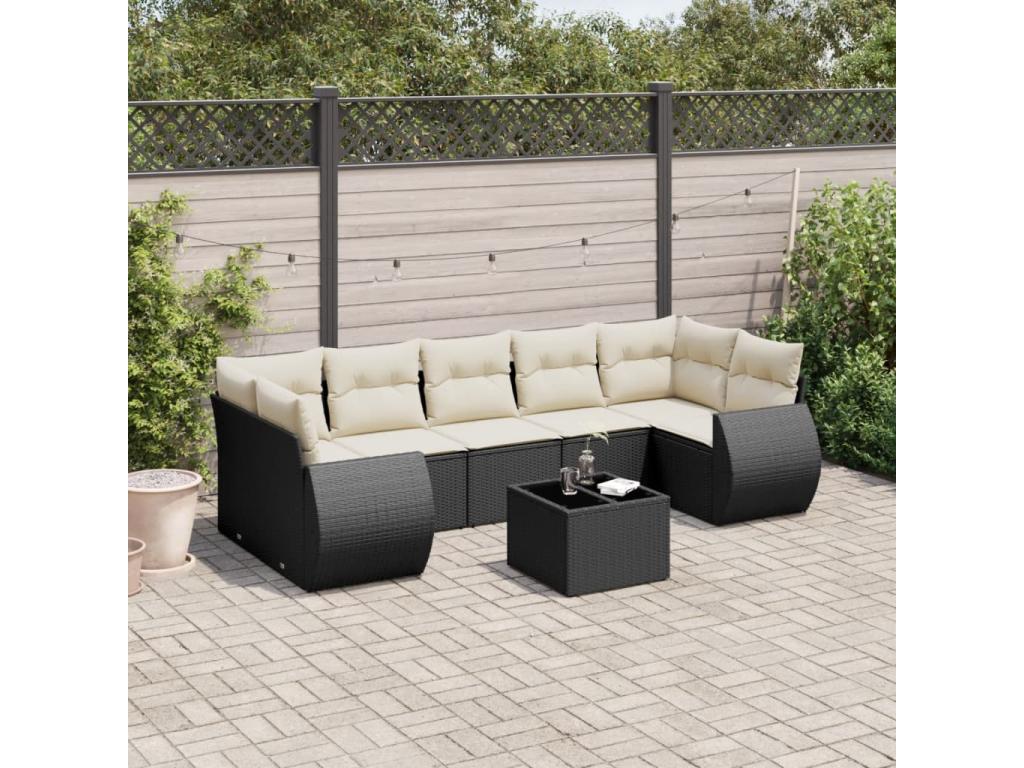 8-piece garden furniture set with cushions, black woven resin VXLA39759