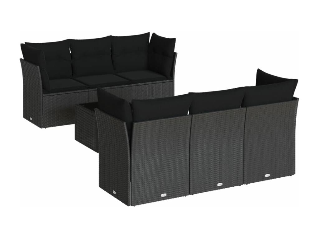 7-piece garden furniture set with cushions, black woven resin WWNR28799