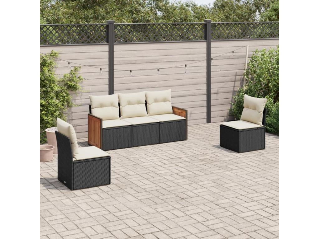 5-piece garden furniture set with cushions, black woven resin BSFP58353