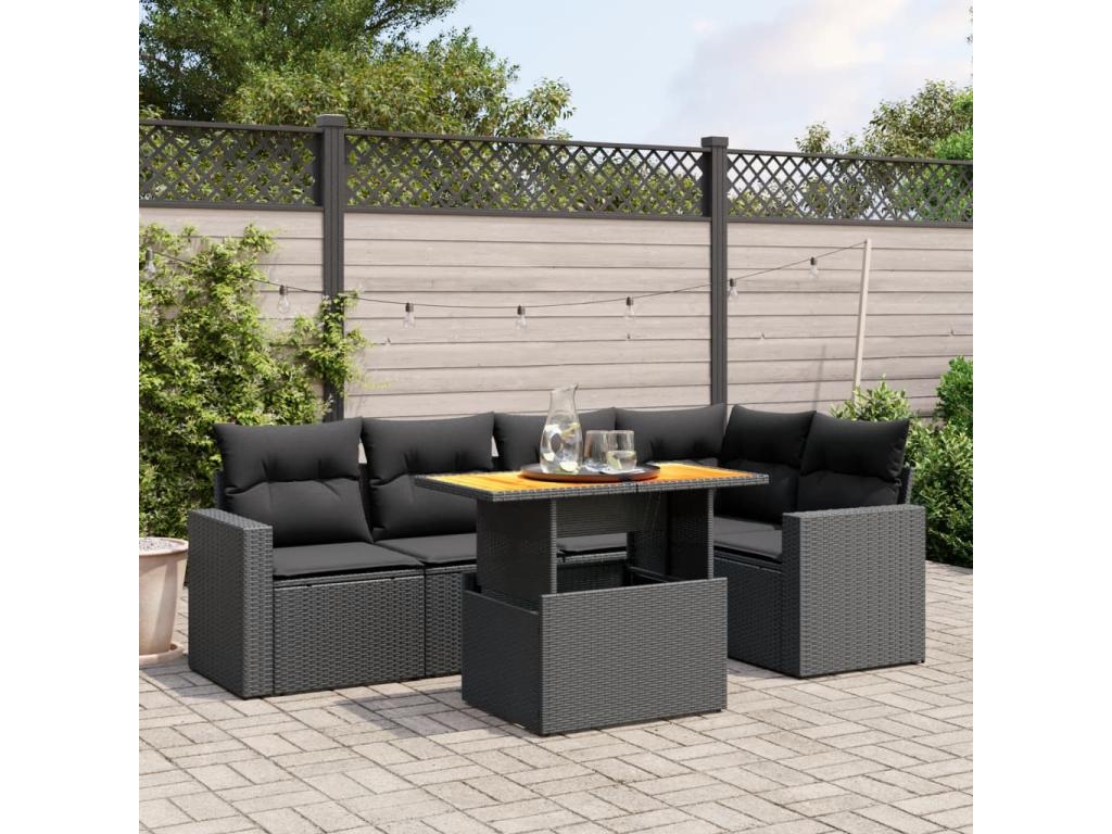 6-piece garden furniture set with cushions, black woven resin DHTT24387