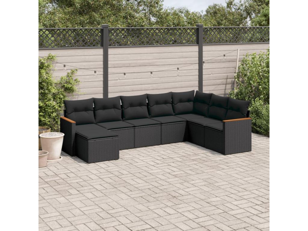 8-piece garden furniture set with cushions, black resin wicker QYMZ09672
