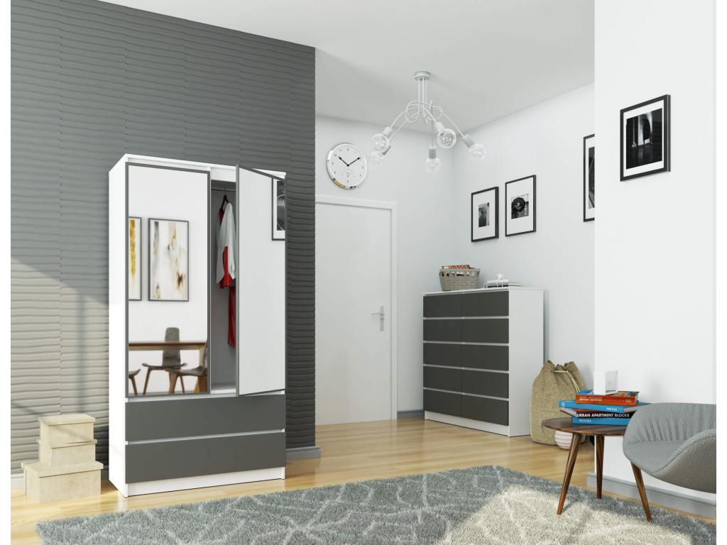 Luxameub S90 Wardrobe with Mirror, White, 90 cm, 2 Doors, 2 Drawers, Graphite Grey Front, 4 Shelves, 90x51x180 cm, IFJE61698