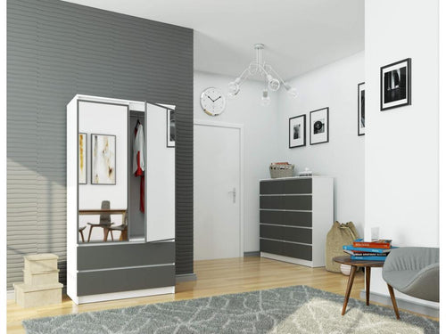 Luxameub S90 Wardrobe with Mirror, White, 90 cm, 2 Doors, 2 Drawers, Graphite Grey Front, 4 Shelves, 90x51x180 cm, IFJE61698
