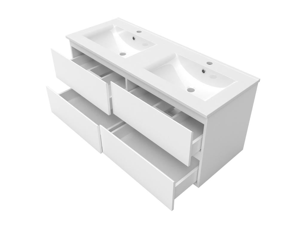Vanity unit set, 120cm wide, 2 drawers, washbasin, column, 60cm round mirror, white, MSNQ58445