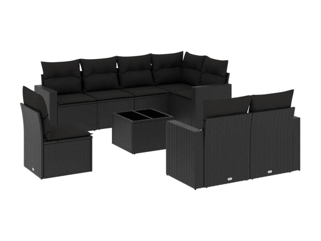 9-piece garden furniture set with cushions, black woven resin XPVO06270