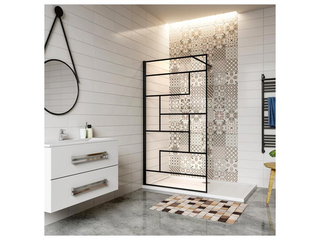 100x200cm fixed walk-in shower screen with 90cm black support bar, 8mm anti-limescale glass, modern style UMPJ37436
