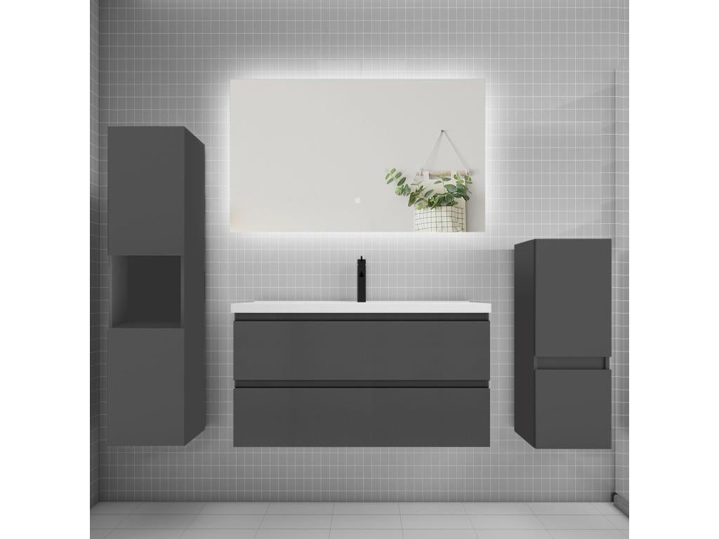 Vanity unit set W.100cm with 2 drawers, washbasin, column, and anthracite mirror JDII09195