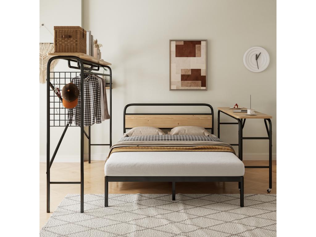 Bed double 140x200 cm with Table Mobenze portemanteau vertical - Metal Mobenze - Black Natural MDQW79281