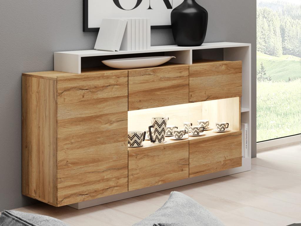 Sideboard 3 Doors and 3 niches with LEDs - Coloris Natural and White - Luxameub QYJK54624