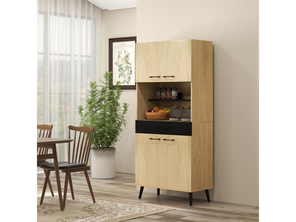 Industrial design tall sideboard - 4 doors, 3 shelves, drawer, niche - metal, black and light oak panels DYKB10017