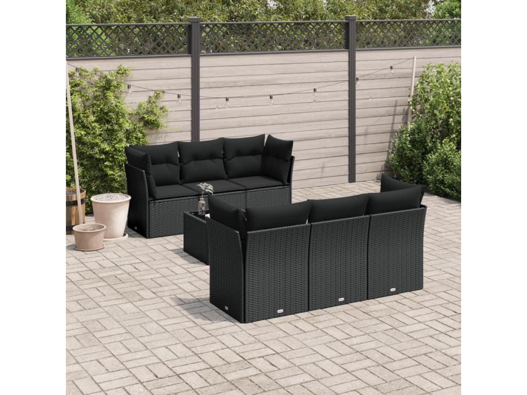 7-piece garden furniture set with cushions, black woven resin WWNR28799