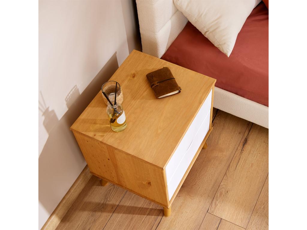 Table of chevet Mobenze in Pine Solid with 2 Drawers Table of nuit in Mobenze sur pieds coloris White and Natural ZKAE99920