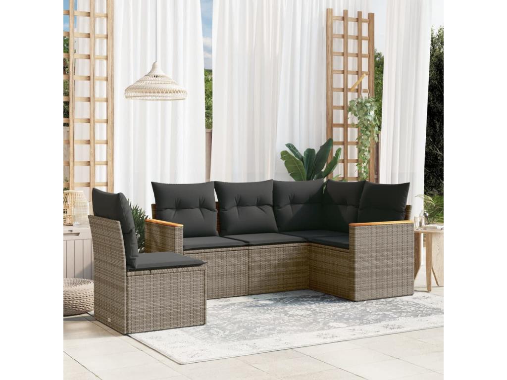 5-piece garden furniture set with grey resin wicker cushions PPNZ65894