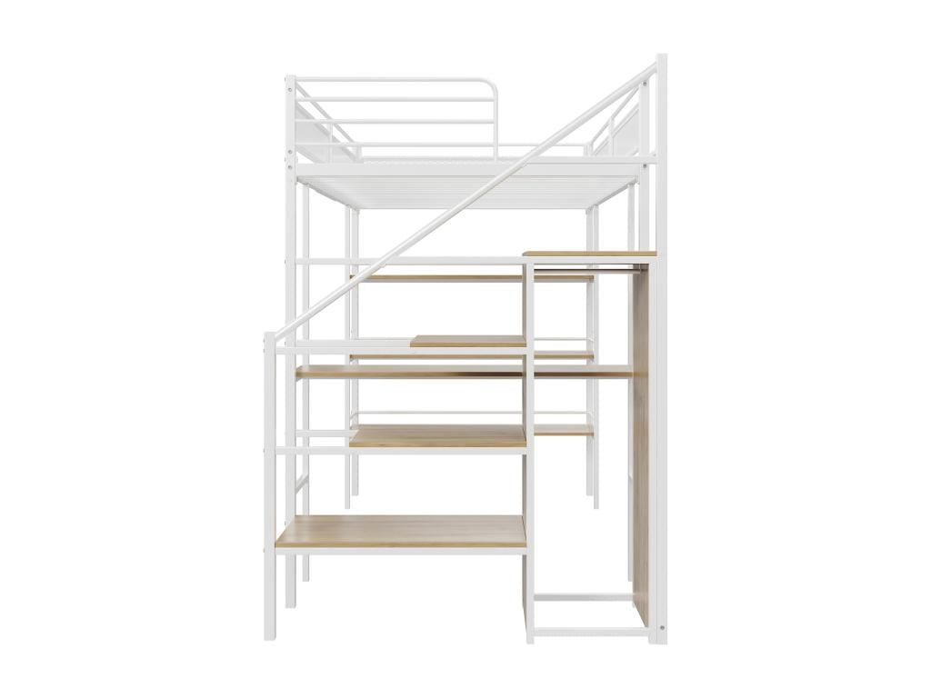 Bed mezzanine enfant 90x200cm Bed simple in fer with Desk 3 Shelves échelle Wardrobe ouverte and sommiers Luxameub - White QREF37313