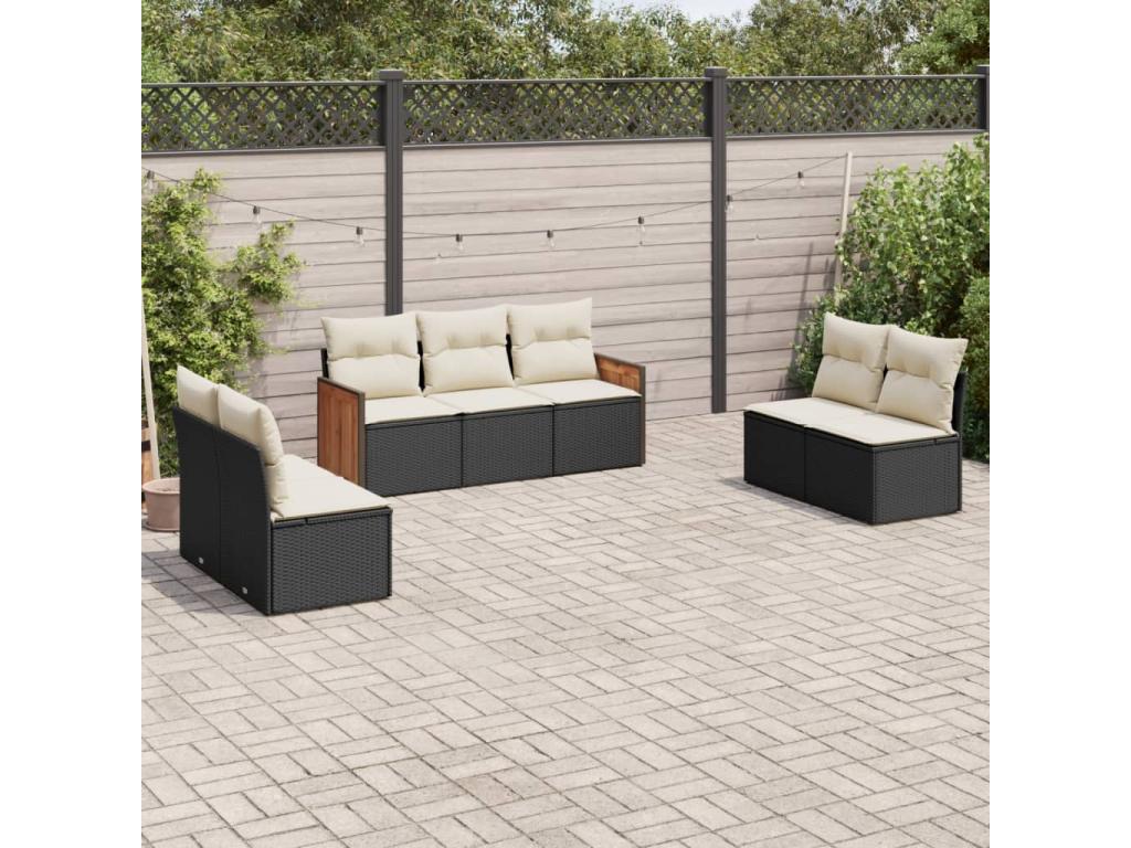 7-piece garden furniture set with cushions, black woven resin YOOP75855