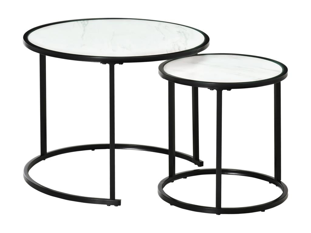 Set of 2 round nesting coffee tables, stackable, black metal with white marble effect MRCW92873