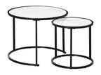 Set of 2 round nesting coffee tables, stackable, black metal with white marble effect MRCW92873