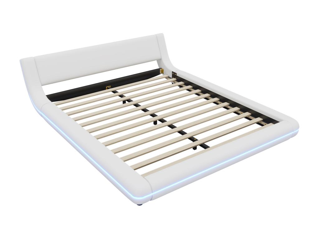 Bed double plat 160x200cm Bed adulte au sol Bed frame with LED Slatted base Luxameub and Headboard PU White WZZF34377