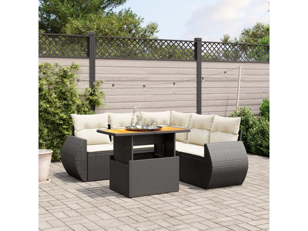 6-piece garden furniture set with cushions, black woven resin PYMQ72083