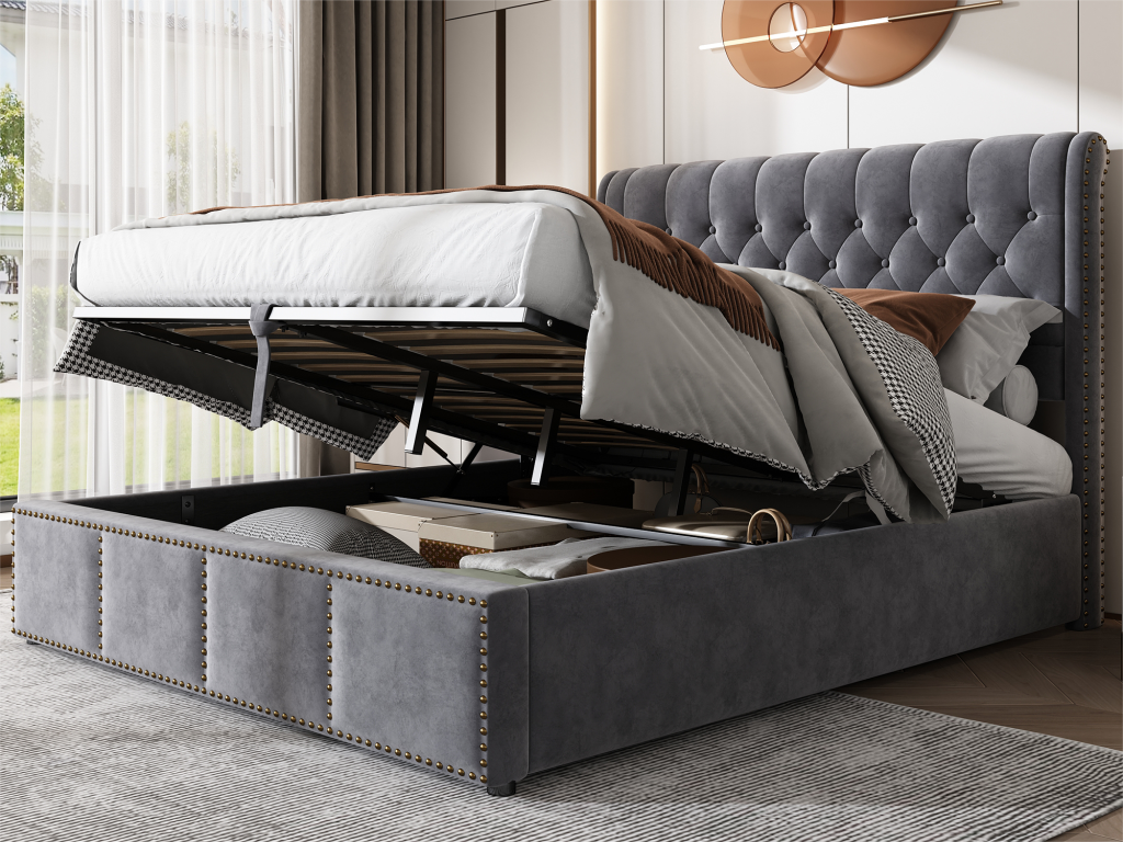 Upholstered velvet storage bed - decorated with rivets - with slatted base by Luxameub - 160x200cm - Grey OYSF28976