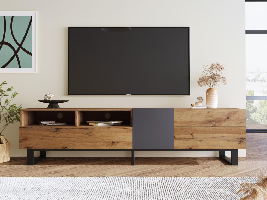 Modern TV unit with 2 doors, 2 drawers / 2 shelves - Mobenze and metal - oak and black finish IPWF18126