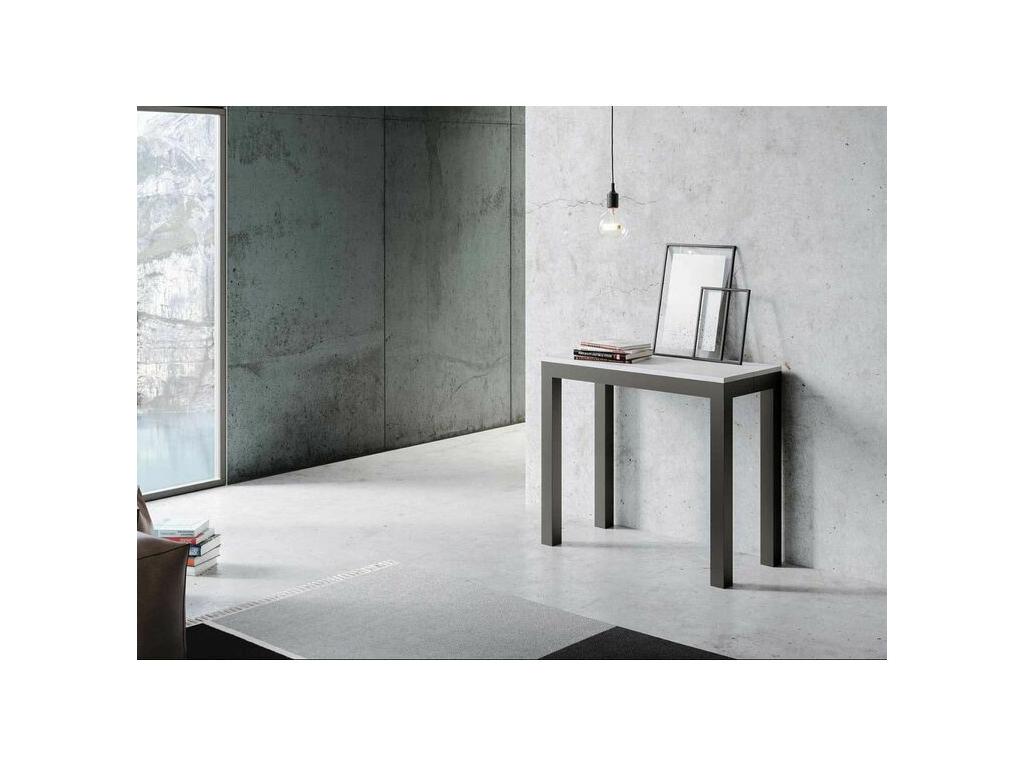 Extendable console table in Mobenze and anthracite steel. Mobenze 90x40-196 or 90x40-300. White color. Mobenze base and support. 3 extensions. KRJH27383