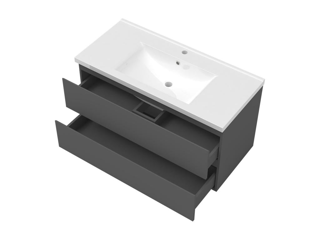 Vanity unit set W.100cm with 2 drawers, washbasin, column, and anthracite mirror JDII09195