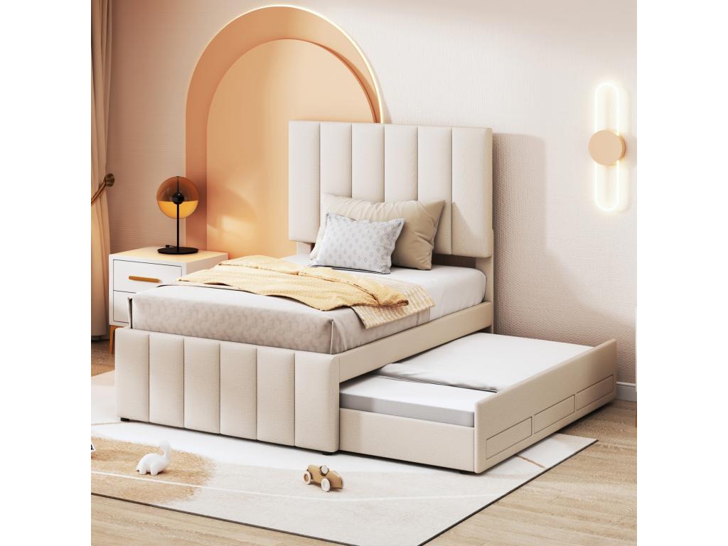 Trundle bed 90x200cm 90x190cm bed by Luxameub with 3 drawers, upholstered linen bed for children and young people, beige POJT83545