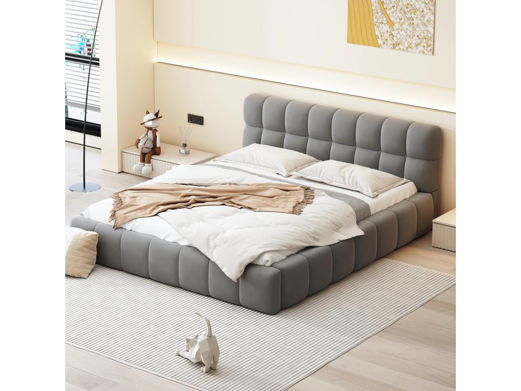 Bed adulte 160x200cm Bed double in lin with dossier moelleux Bed plat with encadrement Upholstered Slatted base Mobenze Headboard Gray KTQO62635