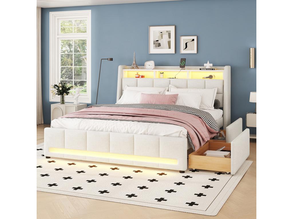 Bed with storage 140x200 cm (mattress not included) Luxury furniture lighting with remote control Drawers with USB ports Integrated storage Linens Beige WUXW68593