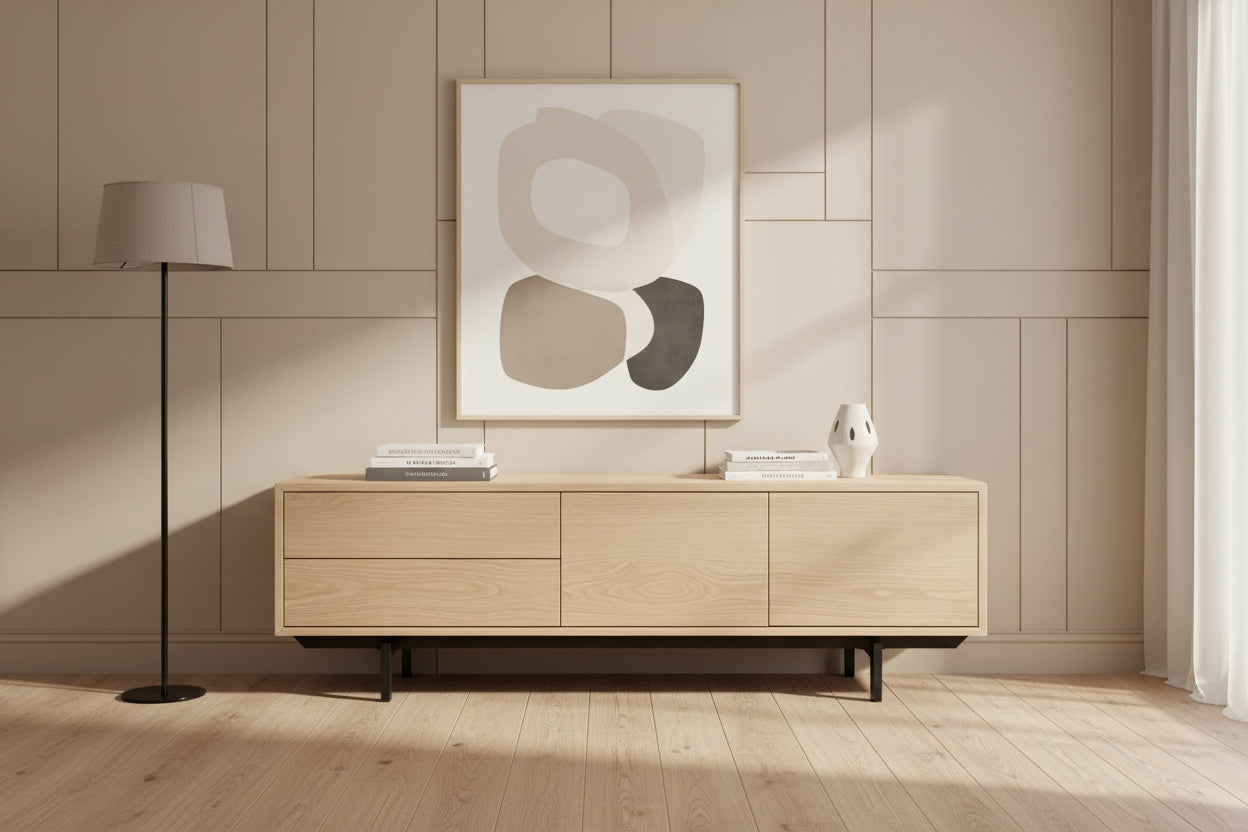 TV unit in Mobenze oak finish with closed storage, 160 cm wide, Mobenze NVPS62074