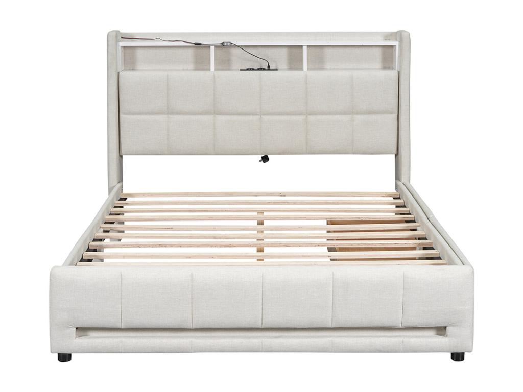 Bed with storage 140x200 cm (mattress not included) Luxury furniture lighting with remote control Drawers with USB ports Integrated storage Linens Beige WUXW68593