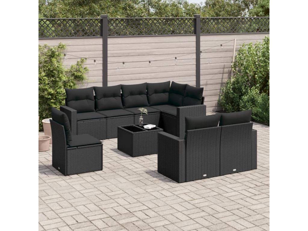 9-piece garden furniture set with cushions, black woven resin XPVO06270