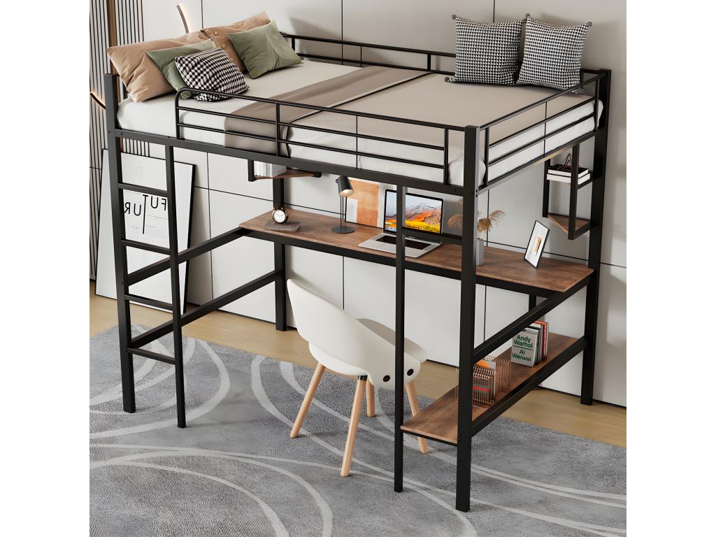 Bed mezzanine in fer - 90x200cm - with Desk and 5 Shelves - Black QWVL85027