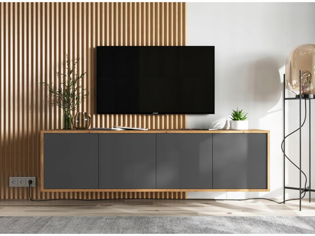 TV stand with 4 Doors - carcasse Oak Mobenze façades graphite mat - 150 cm CEOL85967