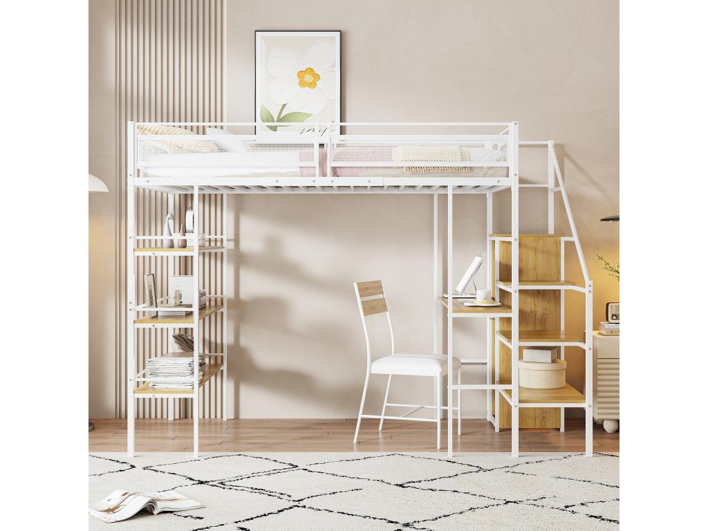 Bed mezzanine enfant 90x200cm Bed simple in fer with Desk 3 Shelves échelle Wardrobe ouverte and sommiers Luxameub - White QREF37313