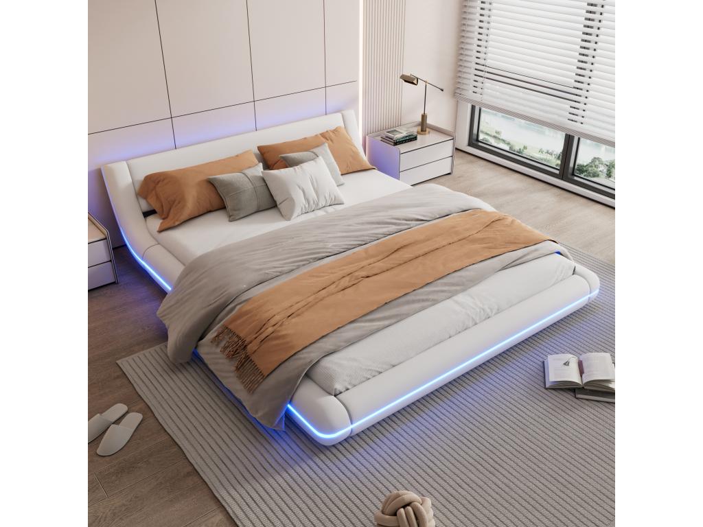 Bed double plat 160x200cm Bed adulte au sol Bed frame with LED Slatted base Luxameub and Headboard PU White WZZF34377