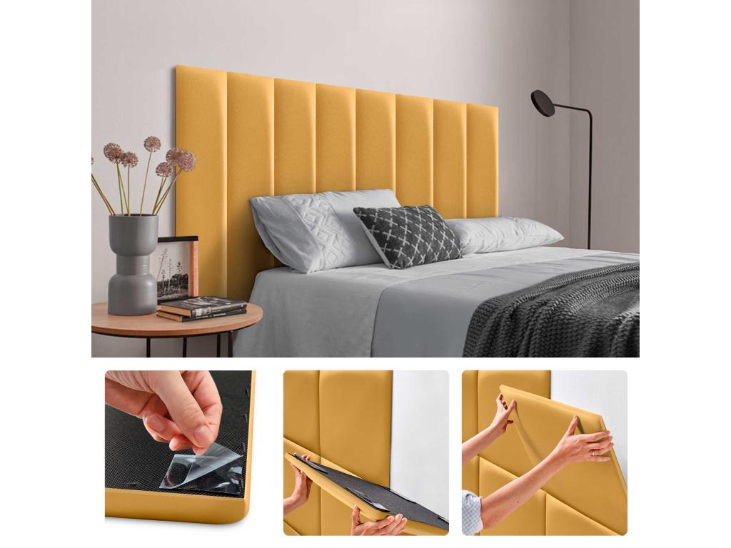 Set of 8 padded panels in eco-friendly faux leather, Luxameub self-adhesive pack for sound-absorbing wall protection, Mustard, 60x30cm x8 JNVR04368