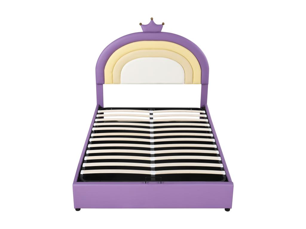 Light purple upholstered teen bed 140 x 200 with frame by Luxameub and wooden headboard support, height-adjustable headboard PHRG13282