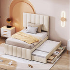 Trundle bed 90x200cm 90x190cm bed by Luxameub with 3 drawers, upholstered linen bed for children and young people, beige POJT83545