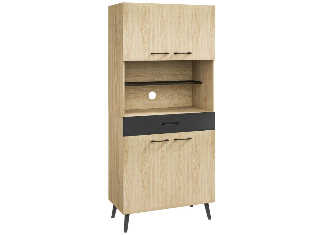 Industrial design tall sideboard - 4 doors, 3 shelves, drawer, niche - metal, black and light oak panels DYKB10017