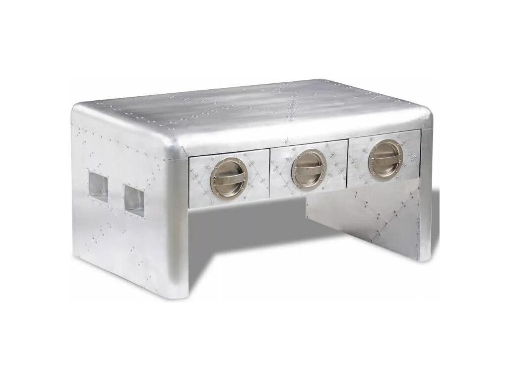 Rectangular coffee table with 3 drawers, silver metal, Mobenze SZXK54789