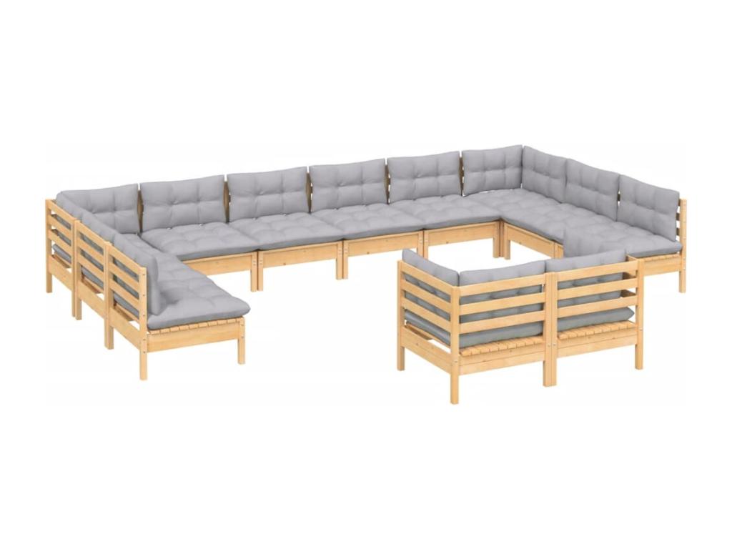 12-piece garden furniture set with grey cushions, solid pine wood XRKW08900