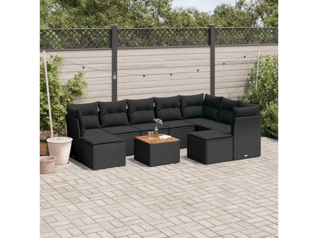 10-piece garden furniture set with cushions, black woven resin RJNH31468