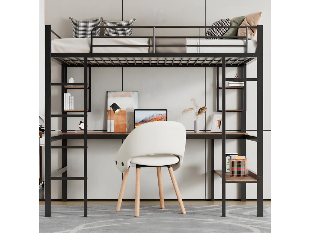 Bed mezzanine in fer - 90x200cm - with Desk and 5 Shelves - Black QWVL85027