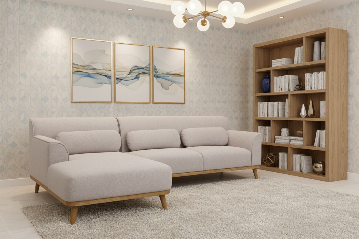 Left-hand corner sofa in fabric with padded backrest, light grey, Mobenze WVAW58092