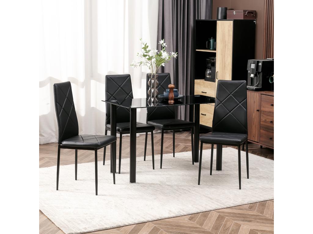 Table of salle Dining with 4 Chairs Design contemporain Luxameub Steel plateau verre trempé PVC effet Tufted Black FTYB67199