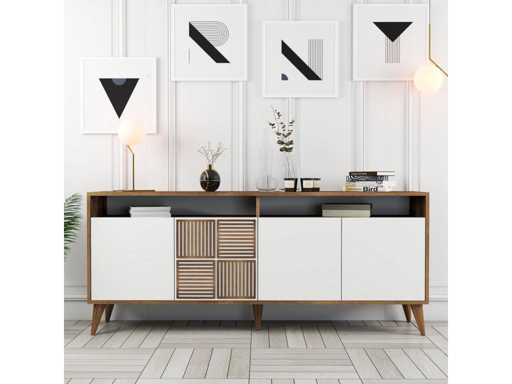 Sideboard bas 4 Doors and 2 niches of Storage Luxameub L180cm Bois Dark and White DUAJ96232